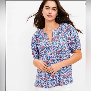 NWOT LOFT Floral Blouse in Blue and Red tie Front Size S